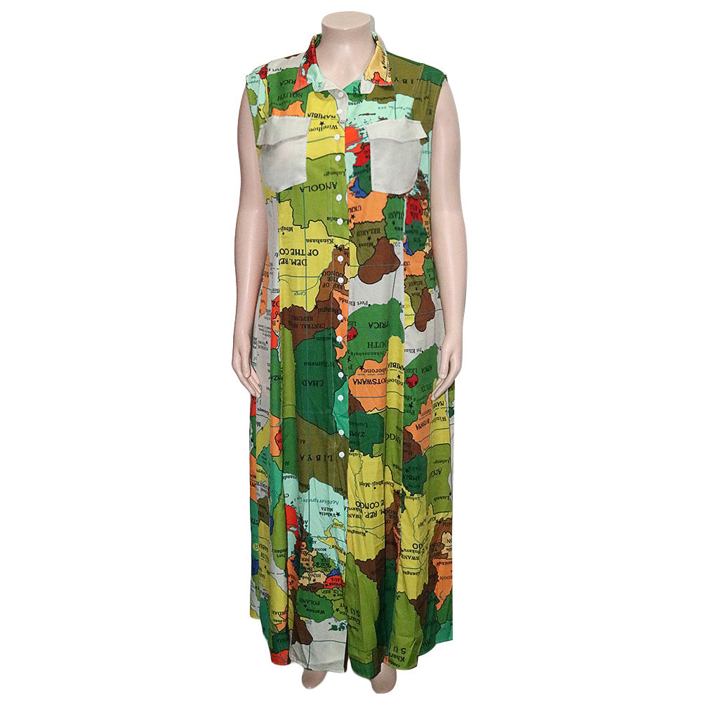 Sexy Plus Size Map Print Sleeveless Maxi Dress