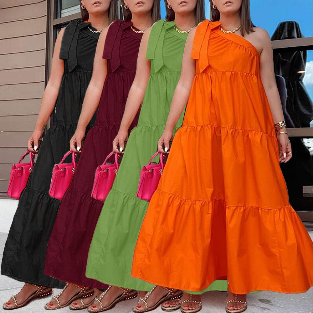 Sexy Sexy One Shoulder Sleeveless Big Swing Maxi Dress