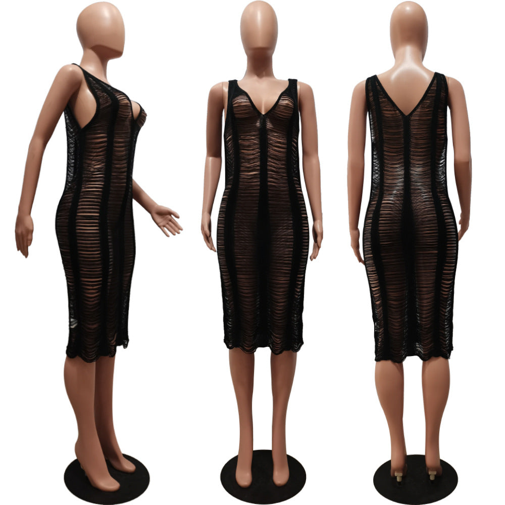 Sexy Solid Knit Sleeveless Hollow Out Midi Dress