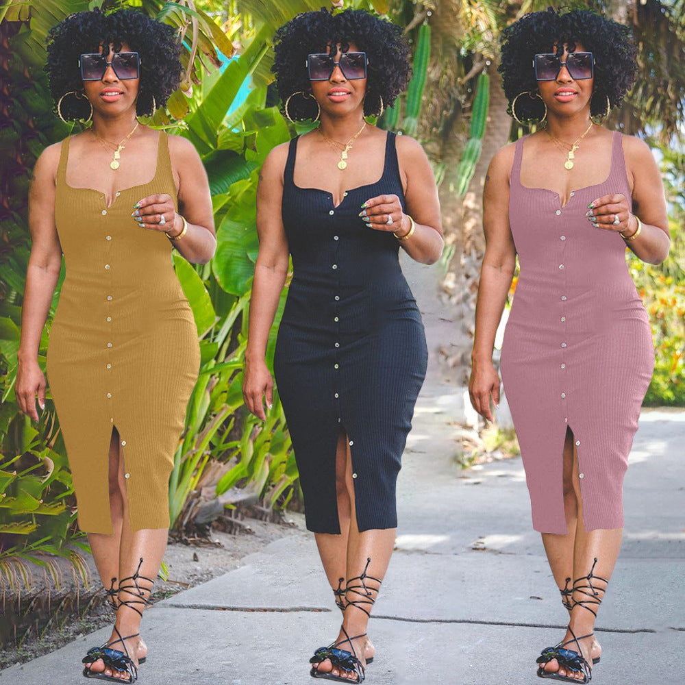 Sexy Solid Sleeveless Slim Midi Dress