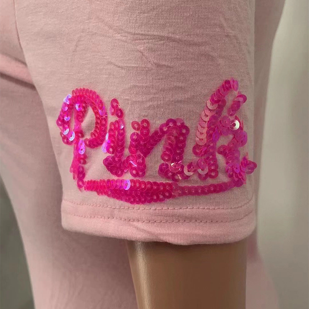 Sexy Sequin Pink Letter Print Short Sleeve Mini Dress