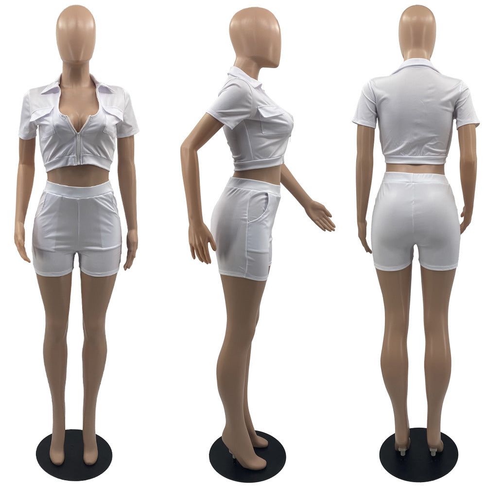 Sexy Casual Solid Short Sleeve Zipper Two Piece Shorts Set