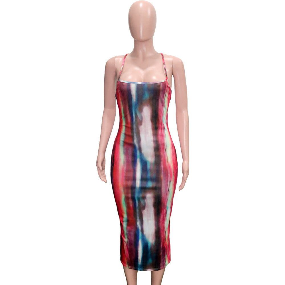 Sexy Sexy Printed Cross Strap Backless Midi Dress