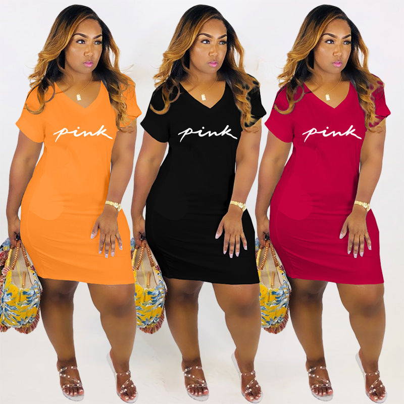 Sexy Pink Letter Print V Neck Short Dress