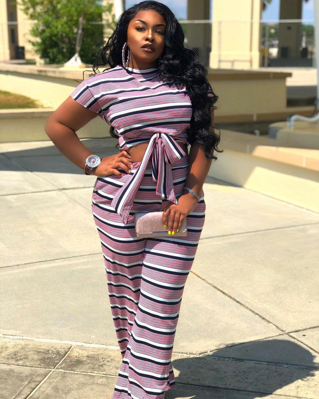 Sexy Plus Size Casual Striped Tie-Up 2 Piece Pants Set