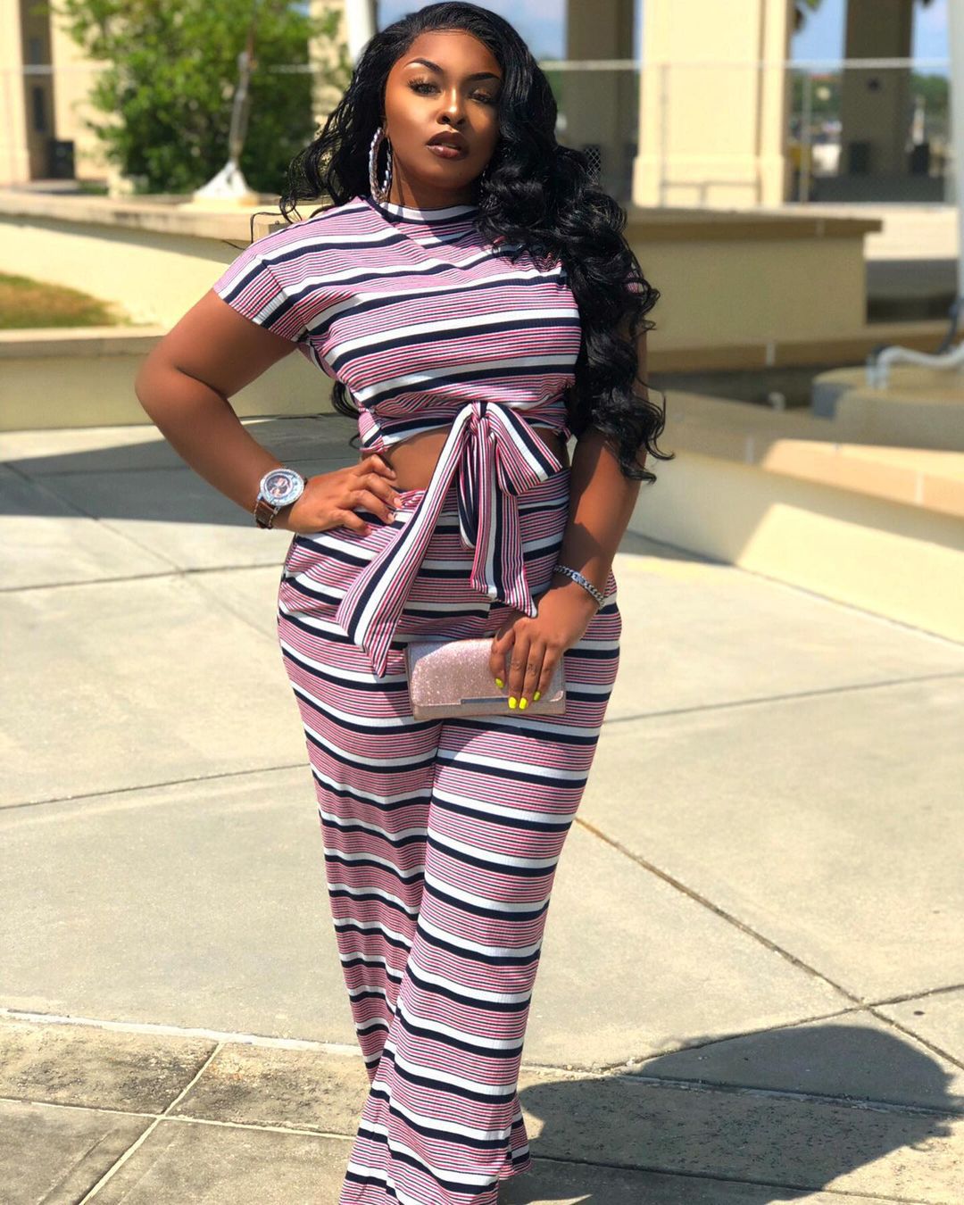 Sexy Plus Size Casual Striped Tie-Up 2 Piece Pants Set