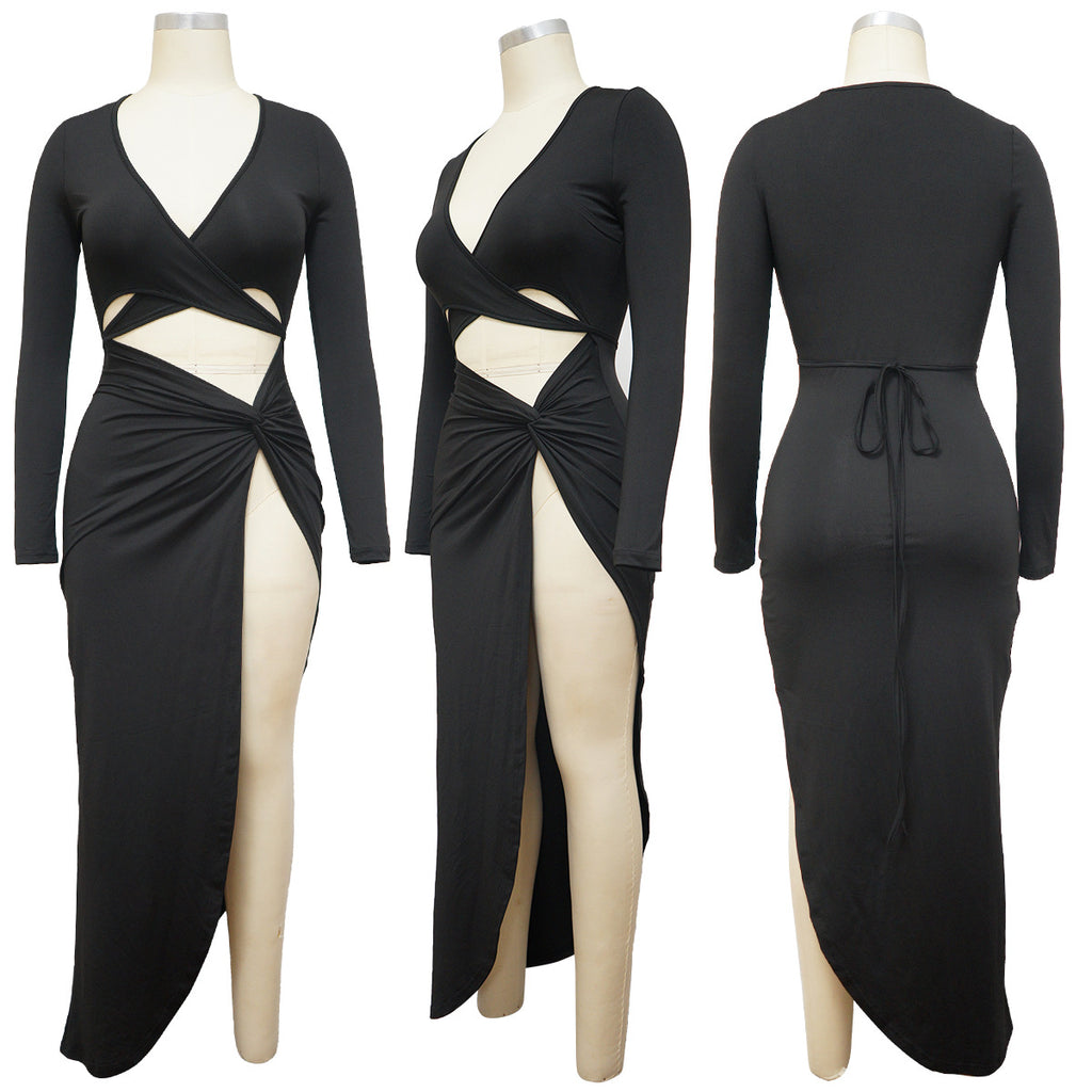 Sexy Solid Color V-Neck Long Sexy Dress