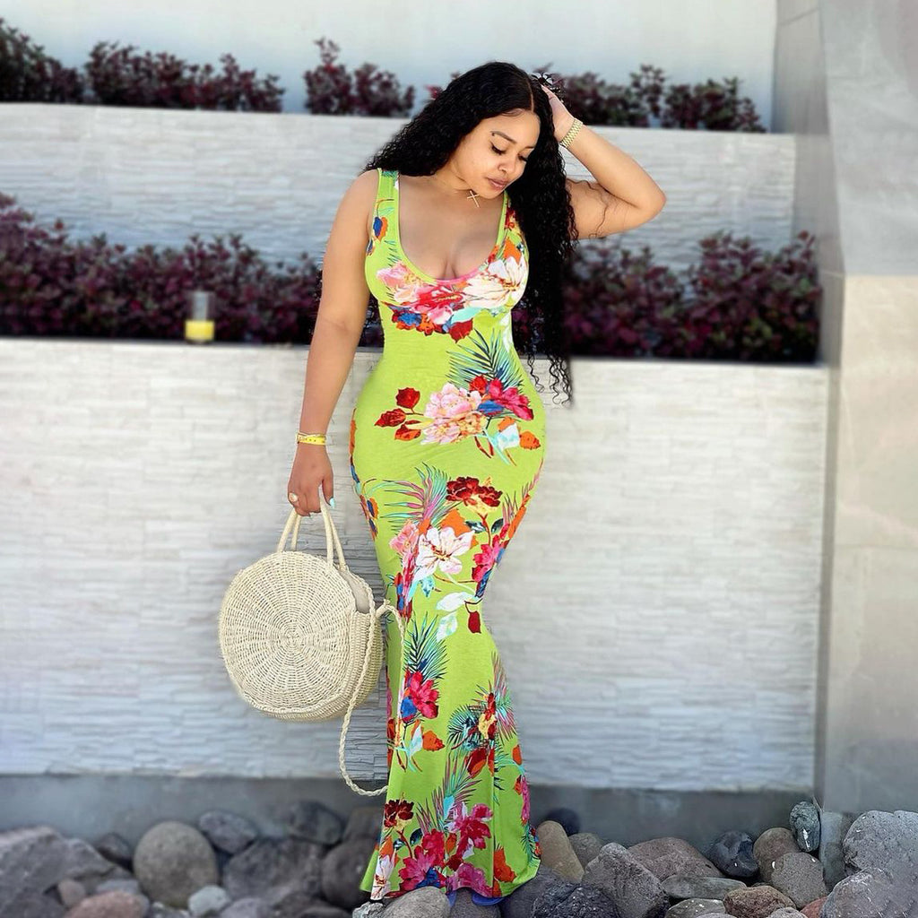 Sexy Floral Print Sleeveless Backless Maxi Dress