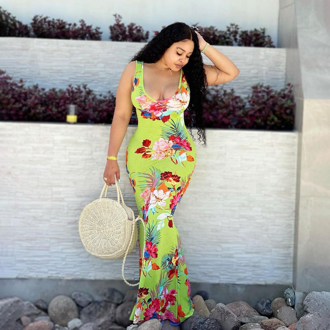 Sexy Floral Print Sleeveless Backless Maxi Dress