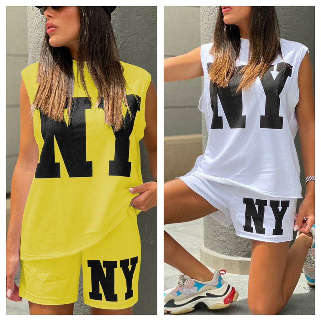Sexy Letter Print Sleeveless Two Piece Shorts Set