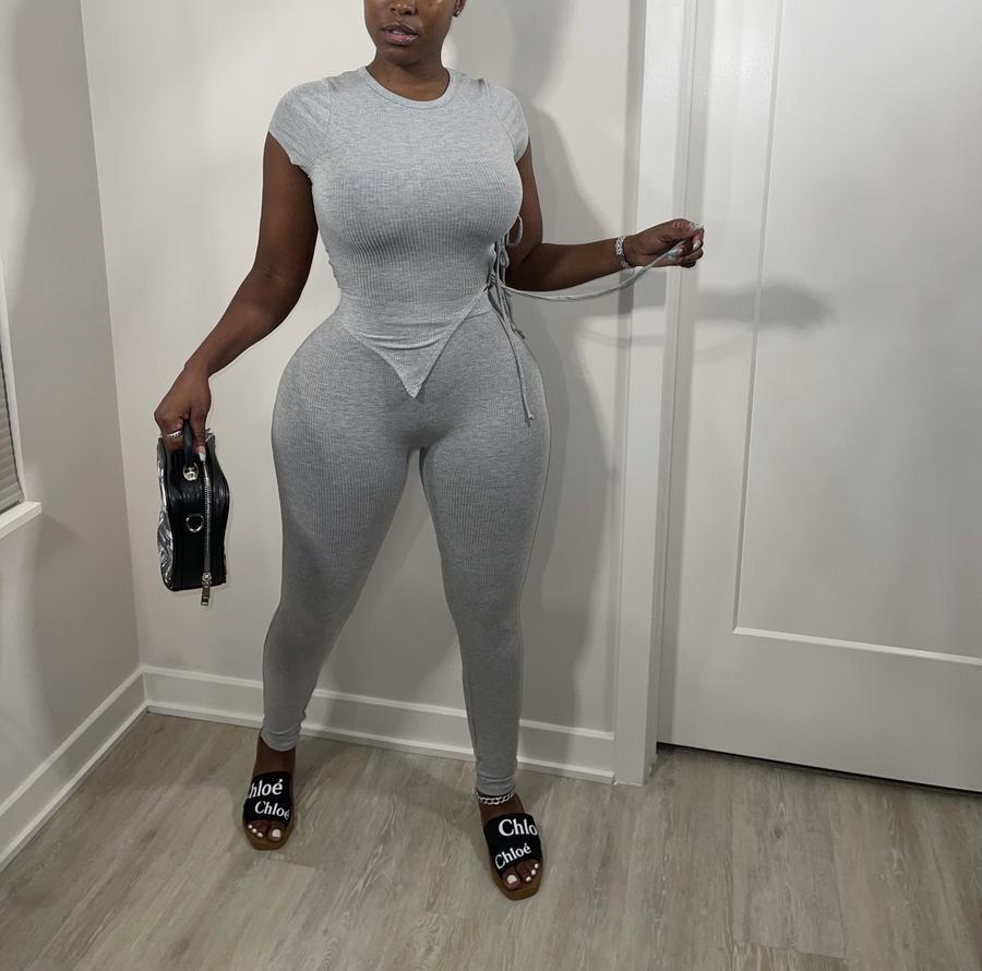 Sexy Solid Lace-Up Short Sleeve 2 Piece Pants Set