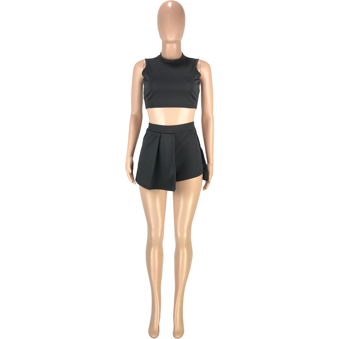 Sexy Solid Sleeveless Culottes Shorts Two Piece Sets