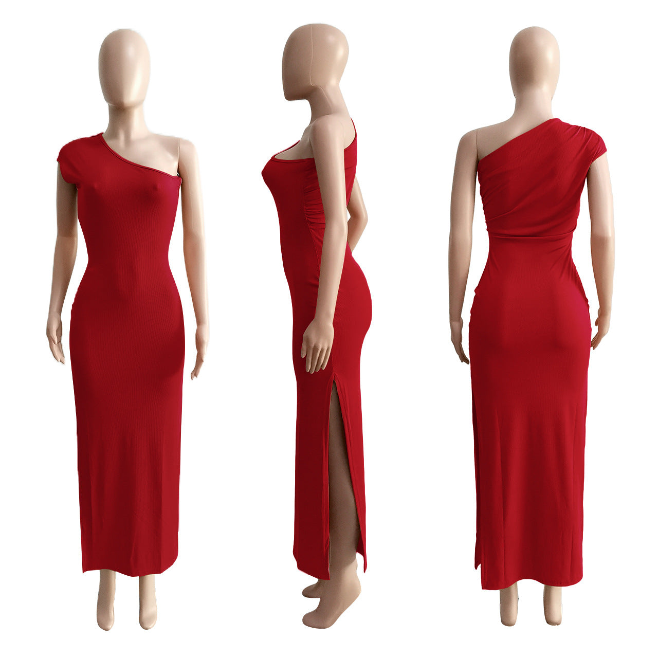 Sexy Solid Ribbed One Shoulder Split Maxi Dress