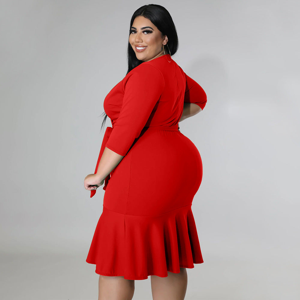 Sexy Plus Size Solid V Neck 3/4 Sleeve Ruffled Bodycon Dress