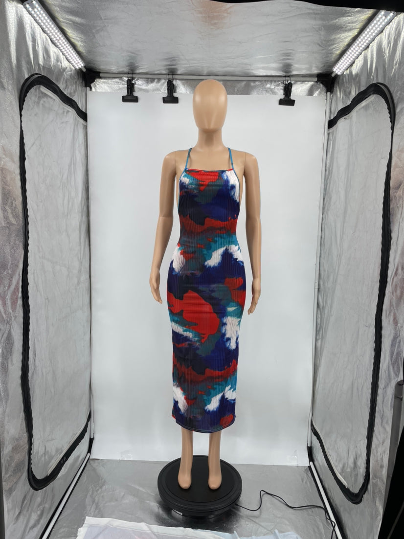 Sexy Tie Dye Print Cross Strap Slim Maxi Dress