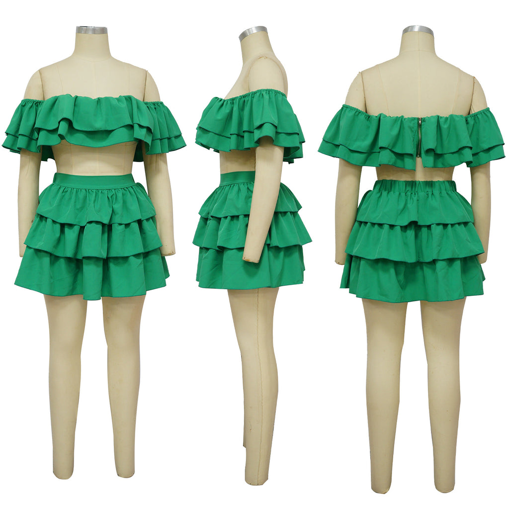 Sexy Ruffle Off Shoulder Tops Skirt Two Piece Set