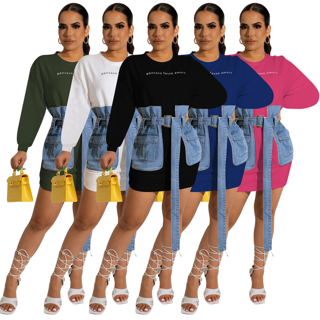 Sexy Denim Patchwork Embroidery Letter Belted Mini Dress