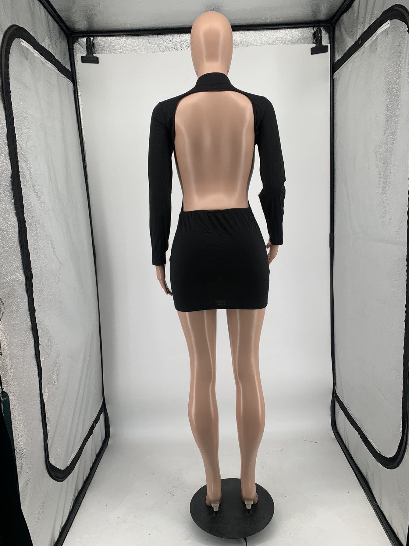 Sexy Solid Backless Long Sleeve Slim Mini Dress