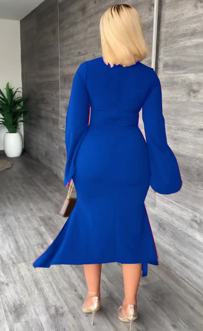 Sexy Solid Hollow Out Long Sleeve Midi Dress