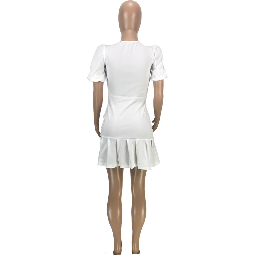 Sexy Solid Puff Sleeve Pleated Mini Dress