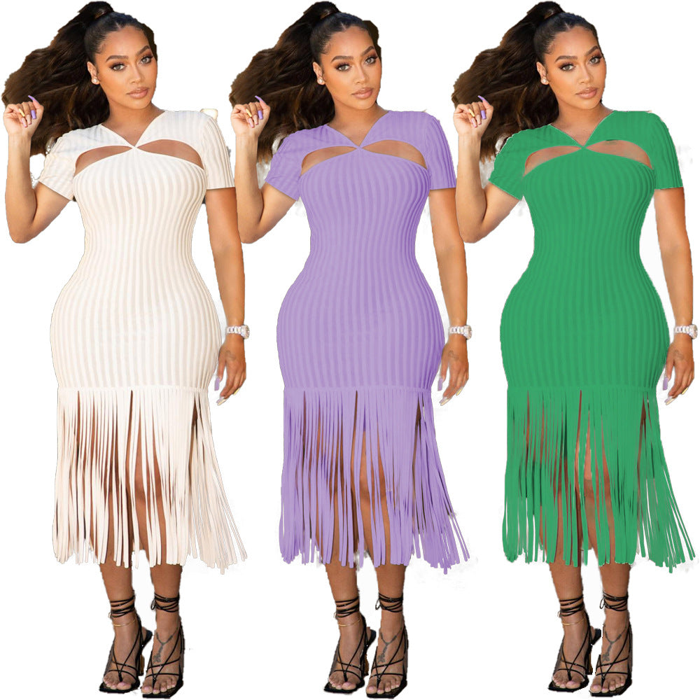 Sexy Ribbed Tassel Backless Short Sleeve Long Dress