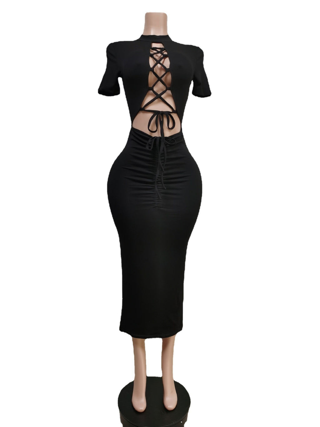 Sexy Solid Short Sleeve Lace-Up Hollow Midi Dress