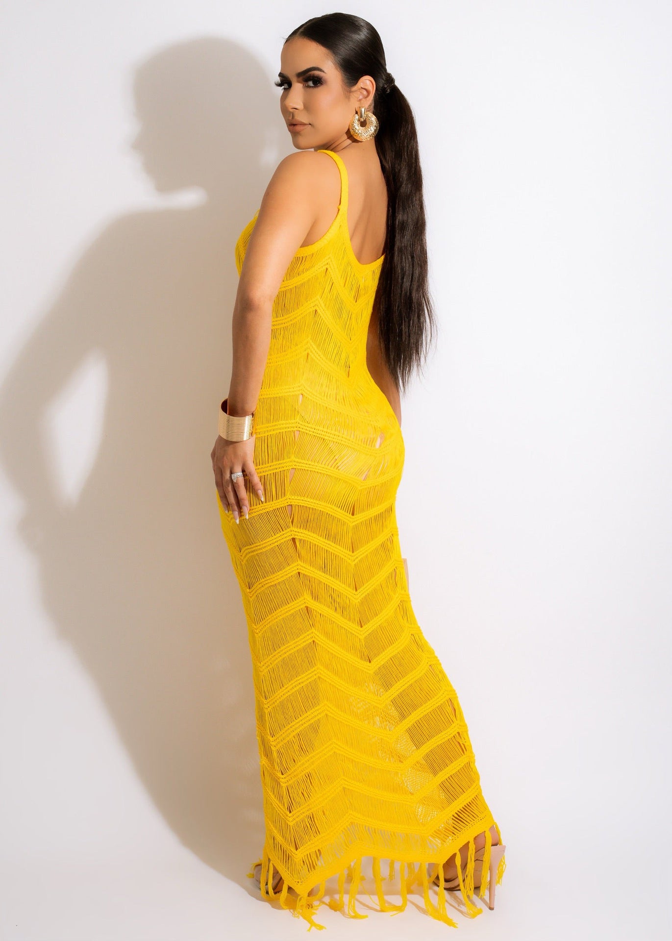 Sexy Sexy Knit Tassel Hollow Out Sling Maxi Dress