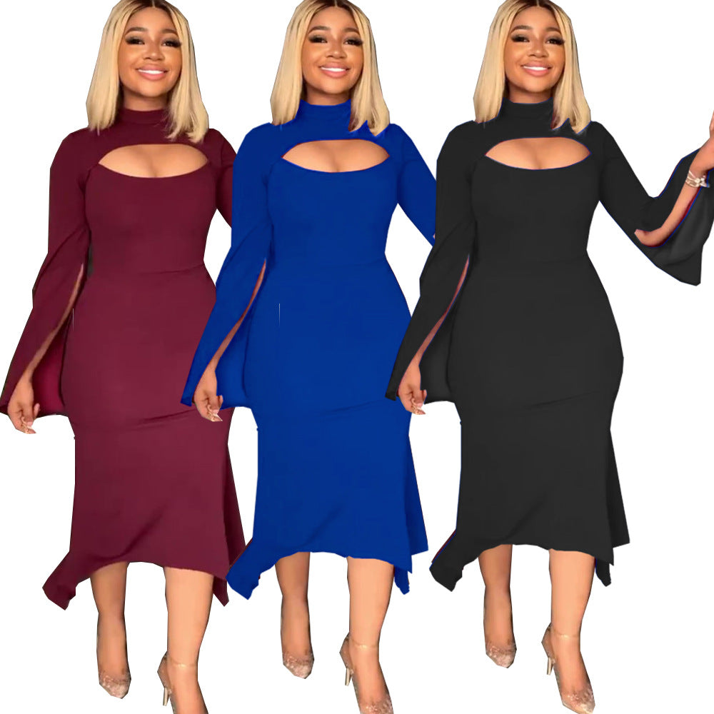 Sexy Solid Hollow Out Long Sleeve Midi Dress