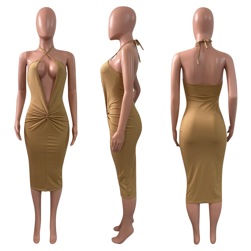 Sexy Solid Deep V Neck Halter Midi Dress