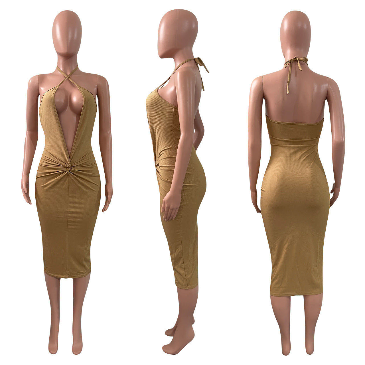 Sexy Solid Deep V Neck Halter Midi Dress