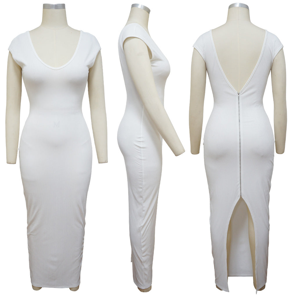 Sexy Solid Short Sleeve Back Slit Zip Sexy Maxi Dress