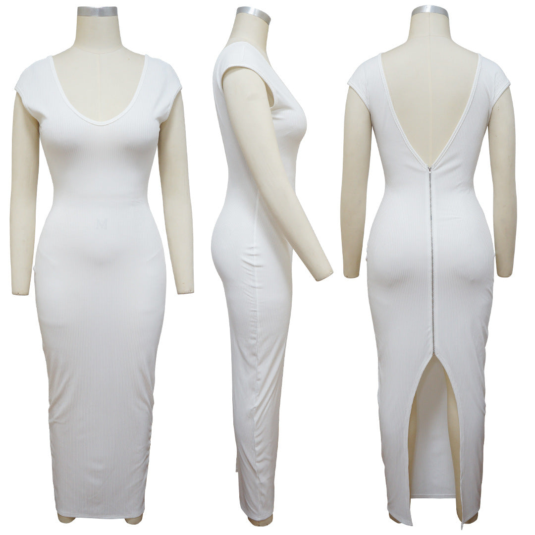 Sexy Solid Short Sleeve Back Slit Zip Sexy Maxi Dress