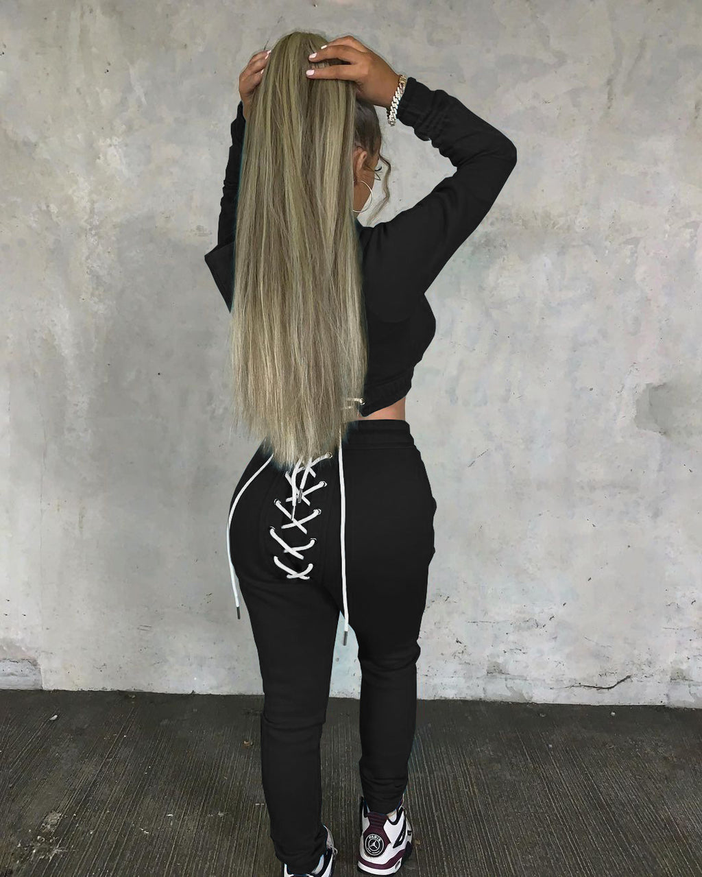 Sexy Solid Plush Hooded Lace Up Long Sleeve 2 Piece Pants Set