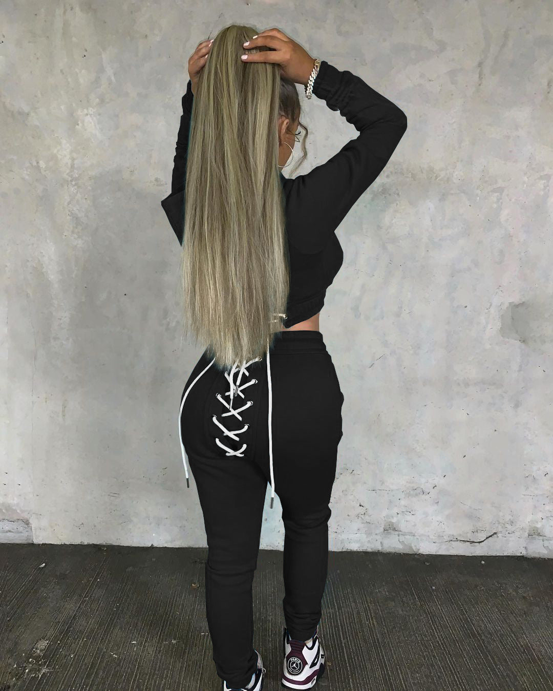 Sexy Solid Plush Hooded Lace Up Long Sleeve 2 Piece Pants Set