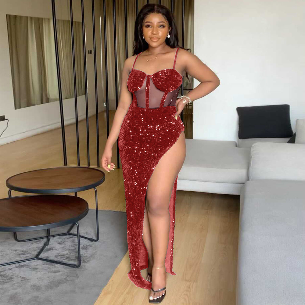 Sexy Plus Size Sexy Mesh Patchwork Sling Maxi Evening Dress