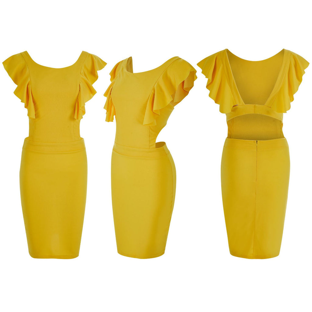 Sexy Yellow Sexy Ruffled Backless Bodycon Dress