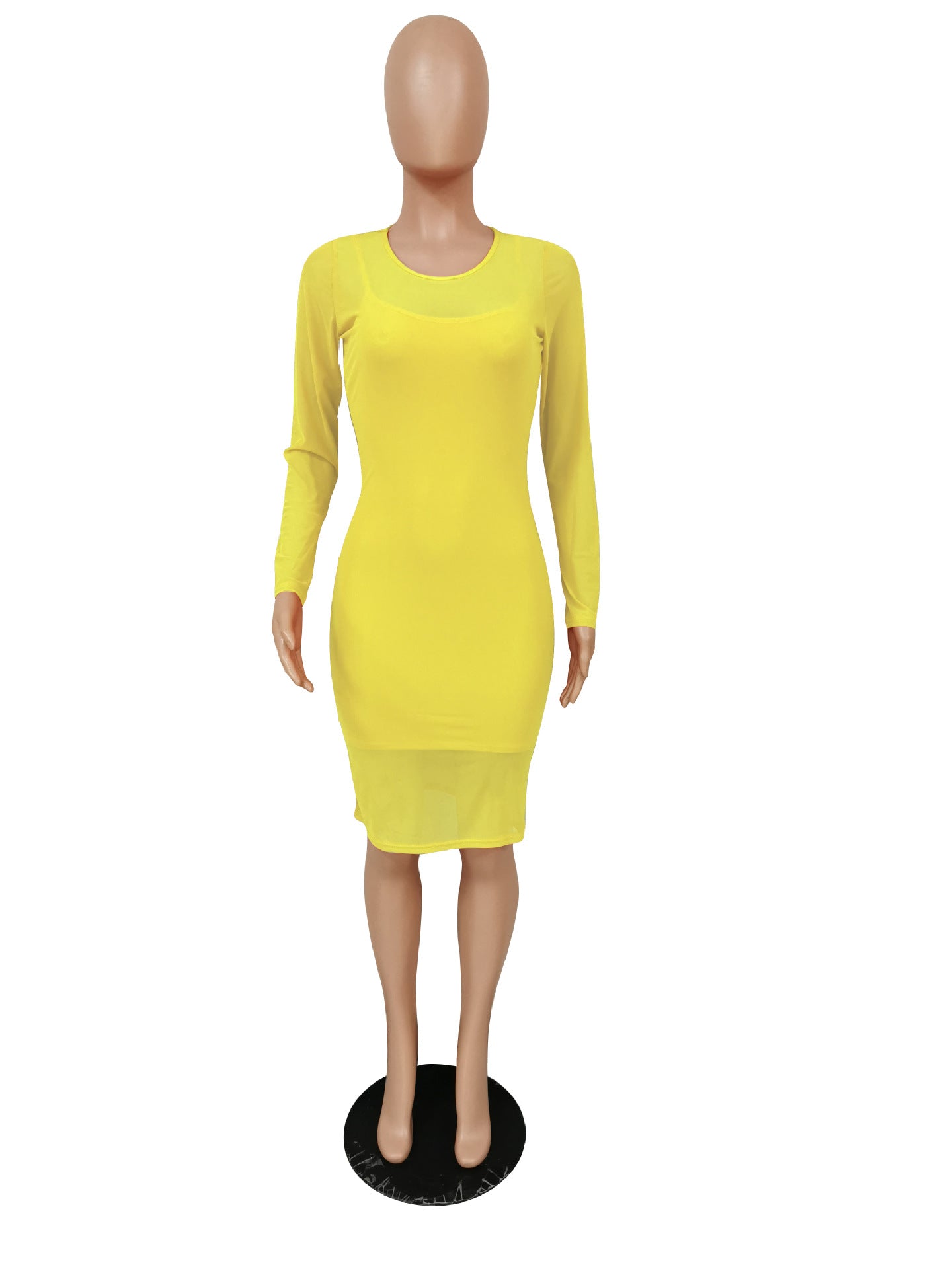 Sexy Solid Long Sleeve Mesh Midi Dress+Sling Mini Dress 2 Piece Sets