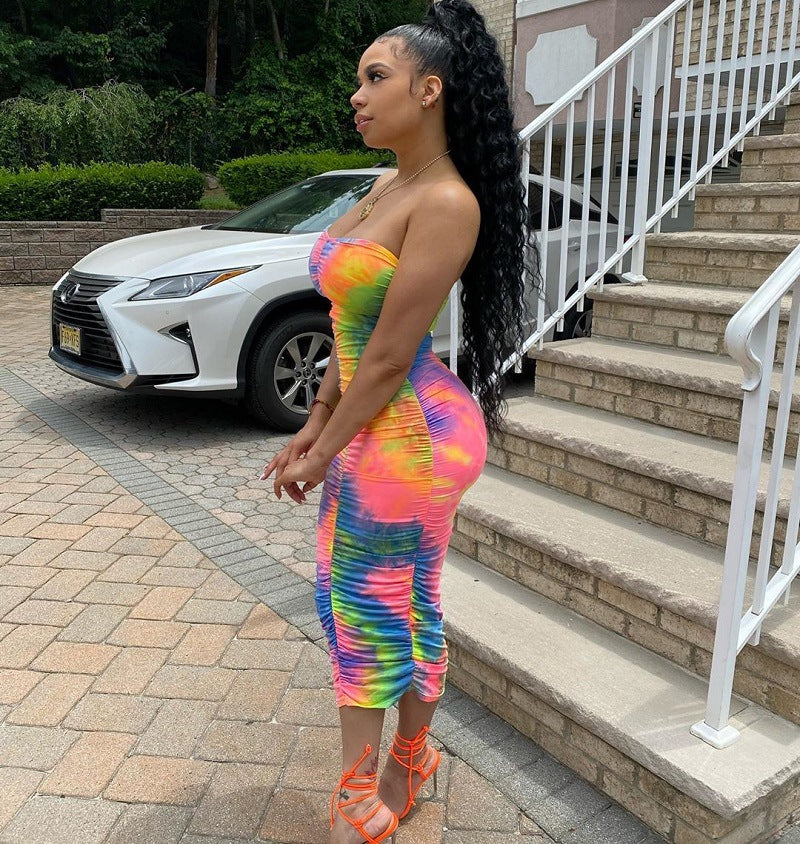 Sexy Tie Dye Print Ruched Bodycon Midi Dress