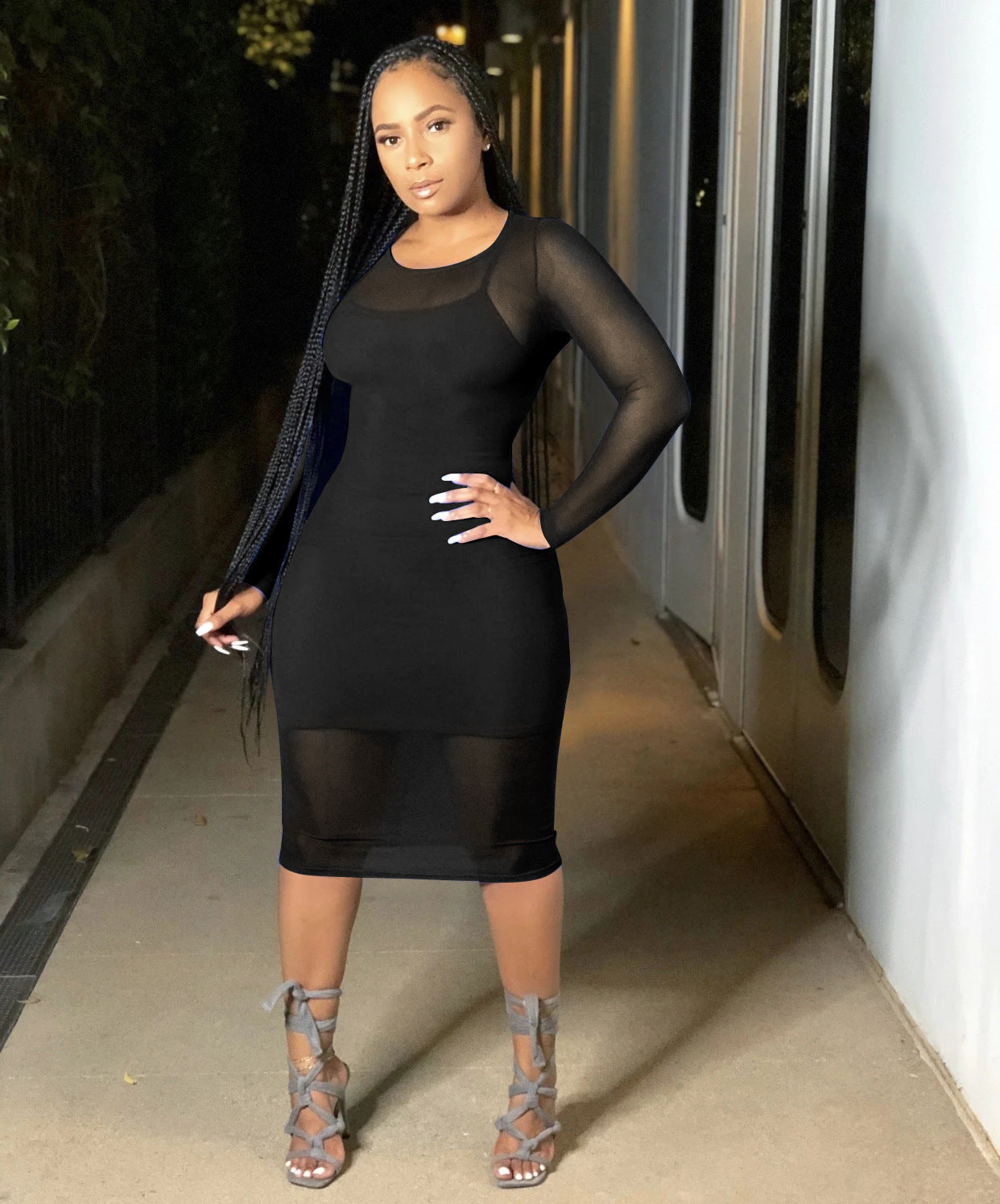 Sexy Solid Long Sleeve Mesh Midi Dress+Sling Mini Dress 2 Piece Sets
