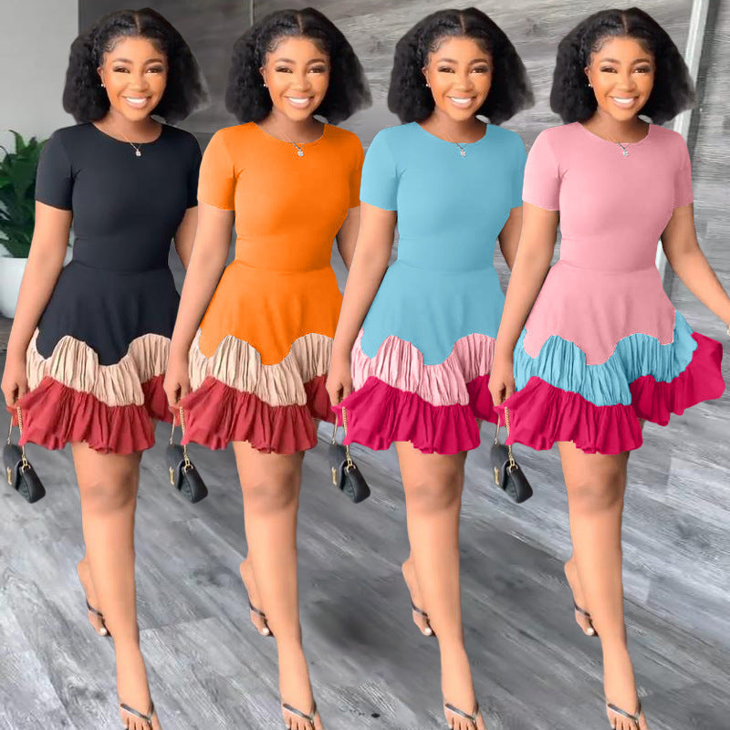 Sexy Short Sleeve Patchwork Pleated Mini Dress