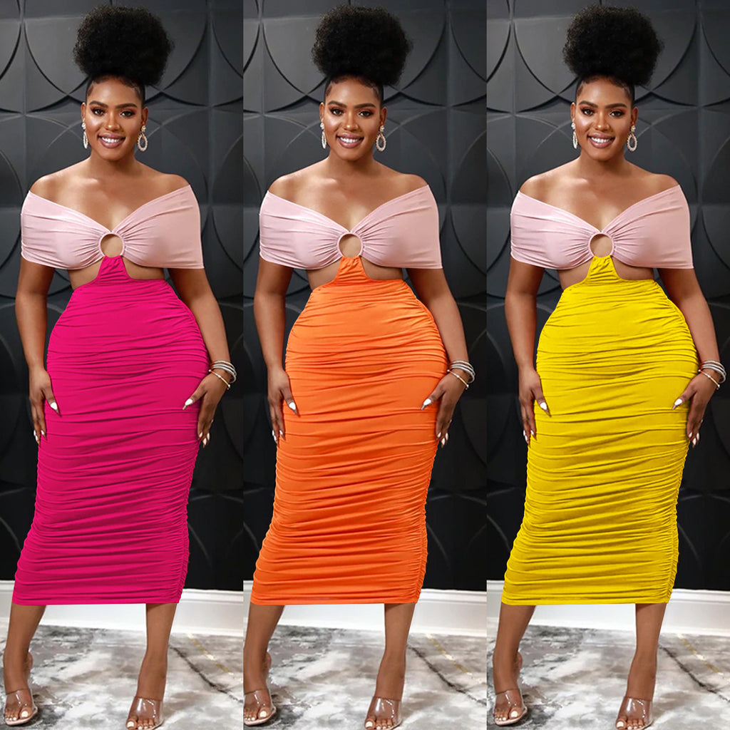 Sexy Contrast Color Off Shoulder Ruched Midi Dress