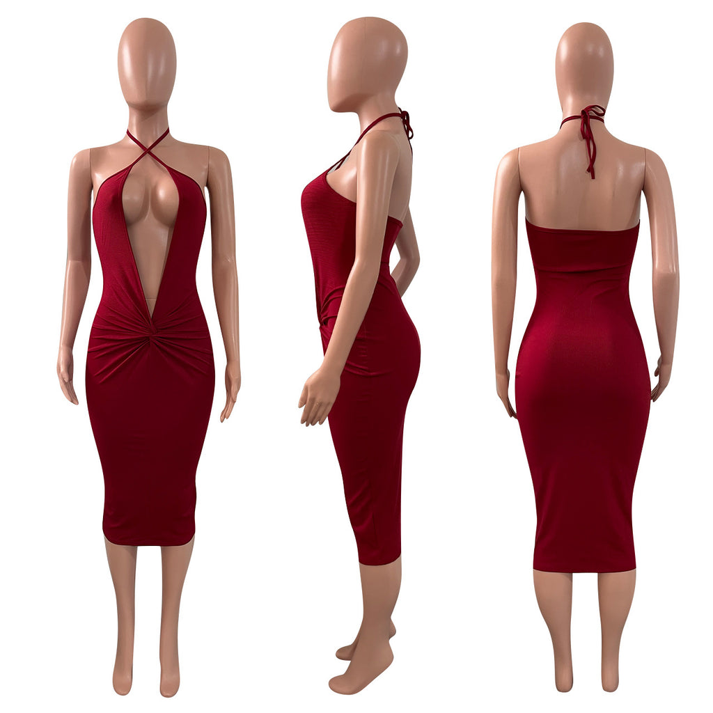 Sexy Solid Deep V Neck Halter Midi Dress