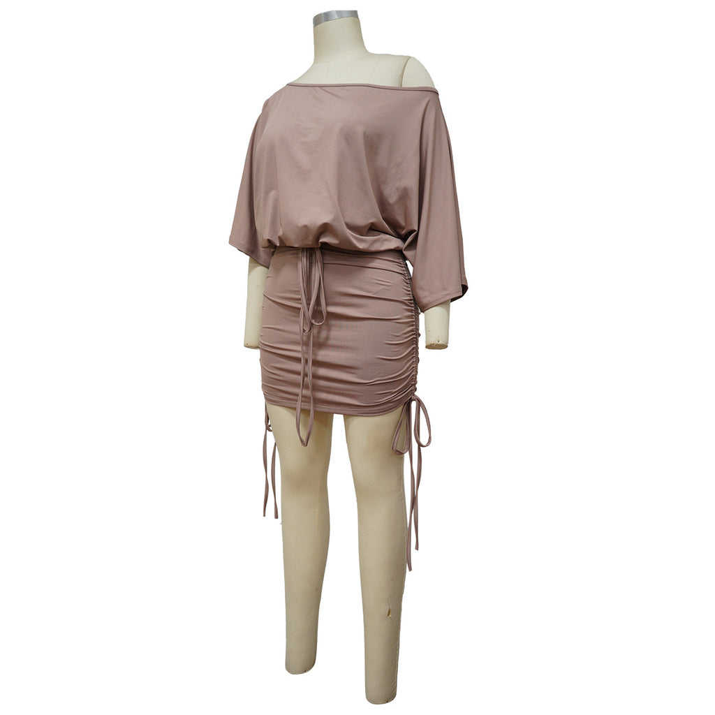 Sexy Solid Color Wrinkled Bat Sleeve Mini Dress