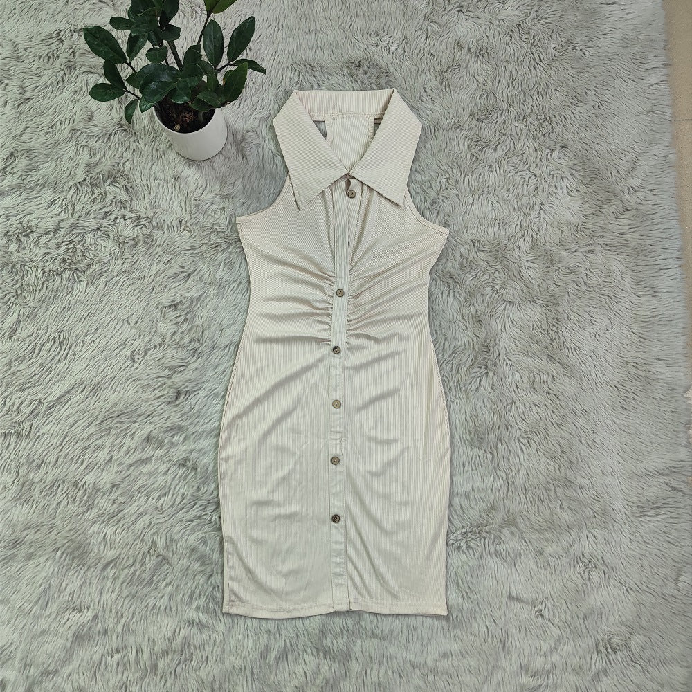 Sexy Solid Sleeveless Turndown Collar Slim Mini Dress