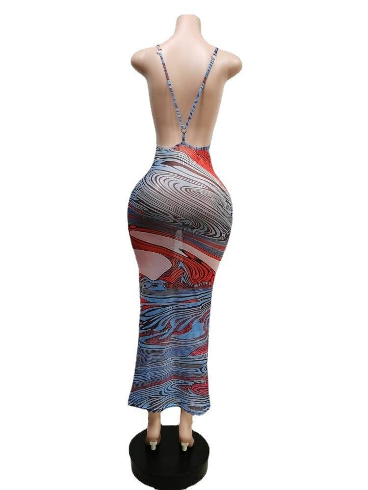 Sexy Sexy Printed Backless Mesh Sling Maxi Dress