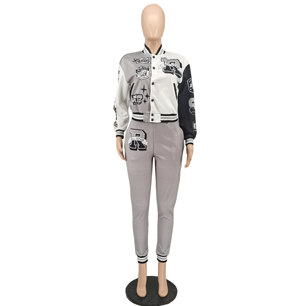 Sexy Casual Print Long Sleeve Jacket Coat And Tight Pants Two Piece Set