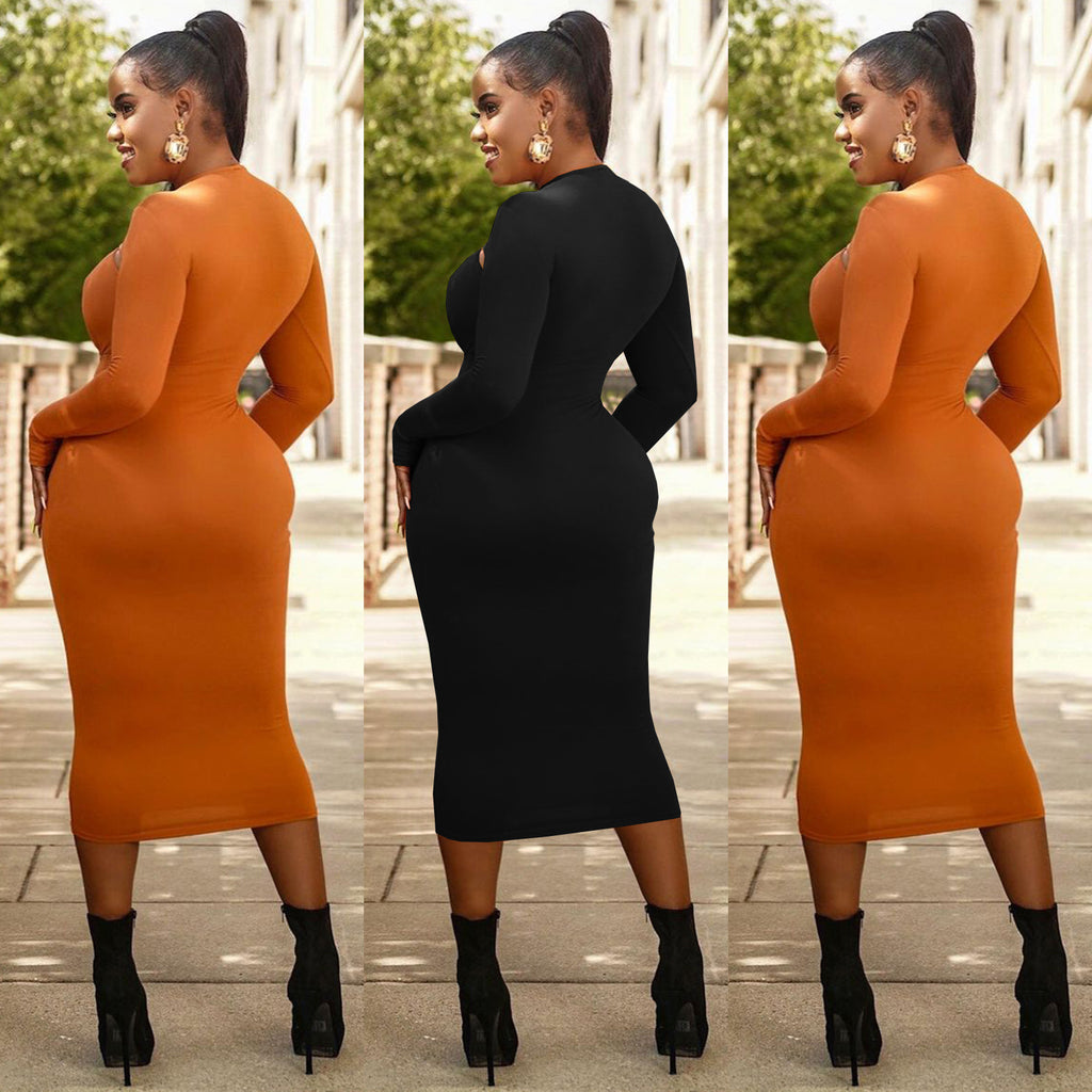 Sexy Fashion Long Sleeve Hollow Solid Color Dress