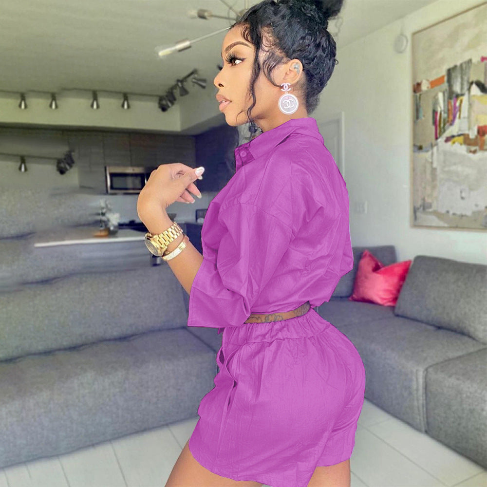 Sexy Solid Shirt Top And Shorts Two Piece Sets