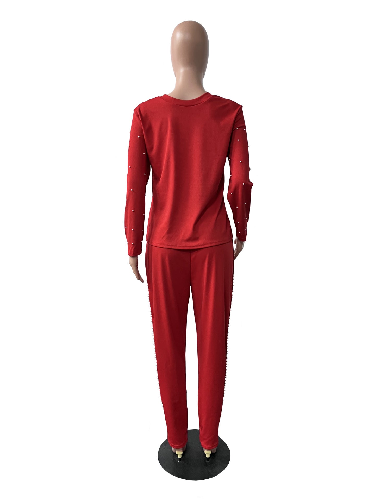 Sexy Pearl Decoration Long Sleeve Print Pant Casual Suit
