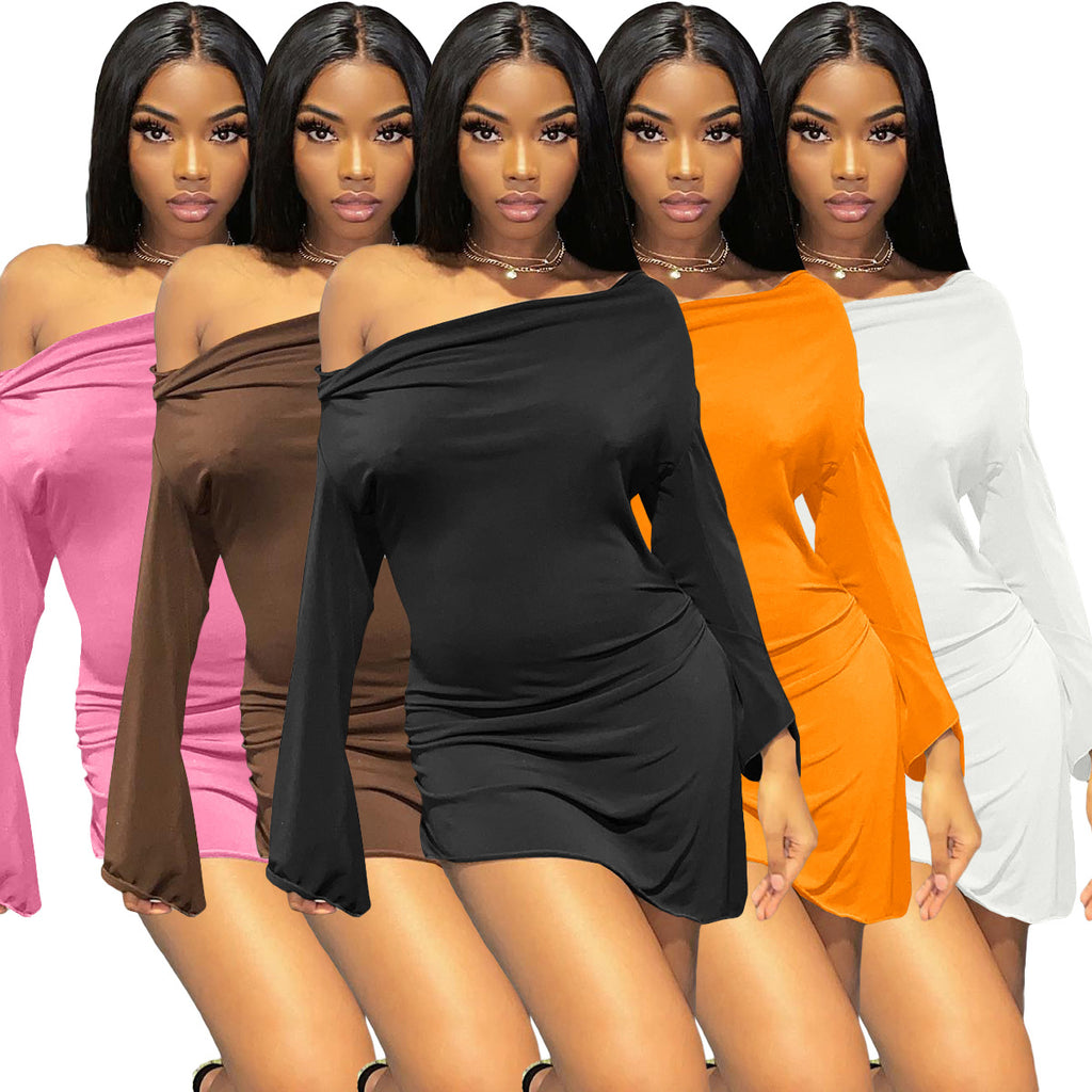 Sexy Solid Slash Neck Long Sleeve Mini Dress